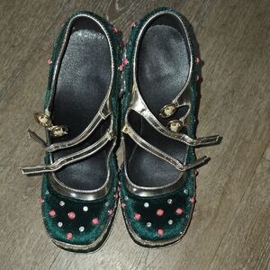 Green and Gold Mary Jane Shoes with Pink Accents